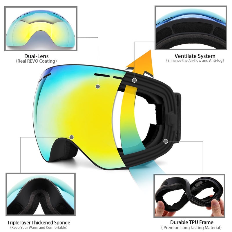 JULI Eyewear نظارات جولى للتزلج، نظارات رياضية شتوية للثلوج مع حماية من الضباب وأشعة UV عدسات كروية مزدوجة قابلة للتبديل للرجال والنساء والشباب للتزلج على الثلج والتزحلق على الجليد باللون الذهبي - Image 4